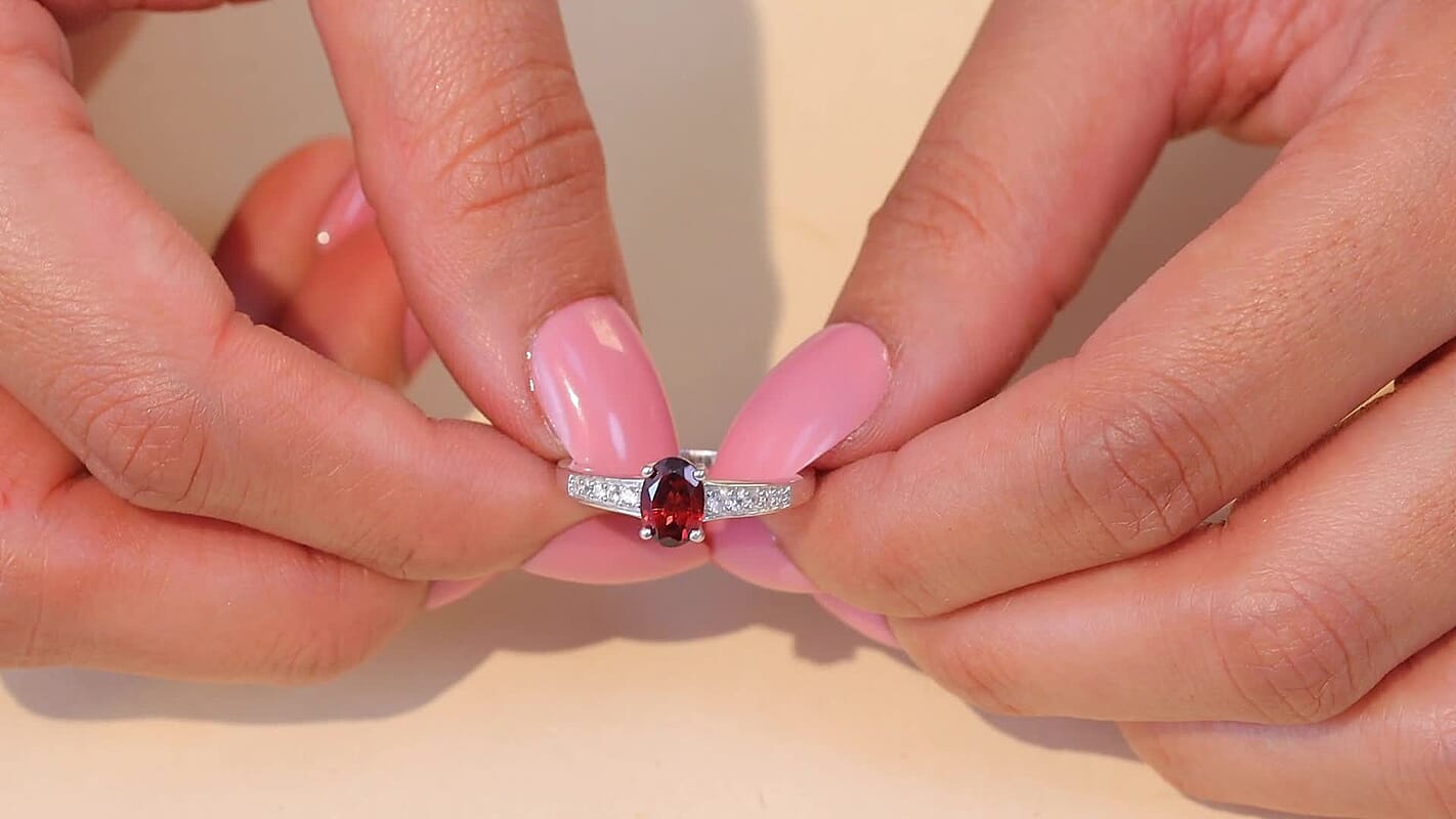 D'Joy Mozambique Garnet, White Zircon Ring in Rhodium Over Sterling Silver (Size 5.0) 1.25 ctw