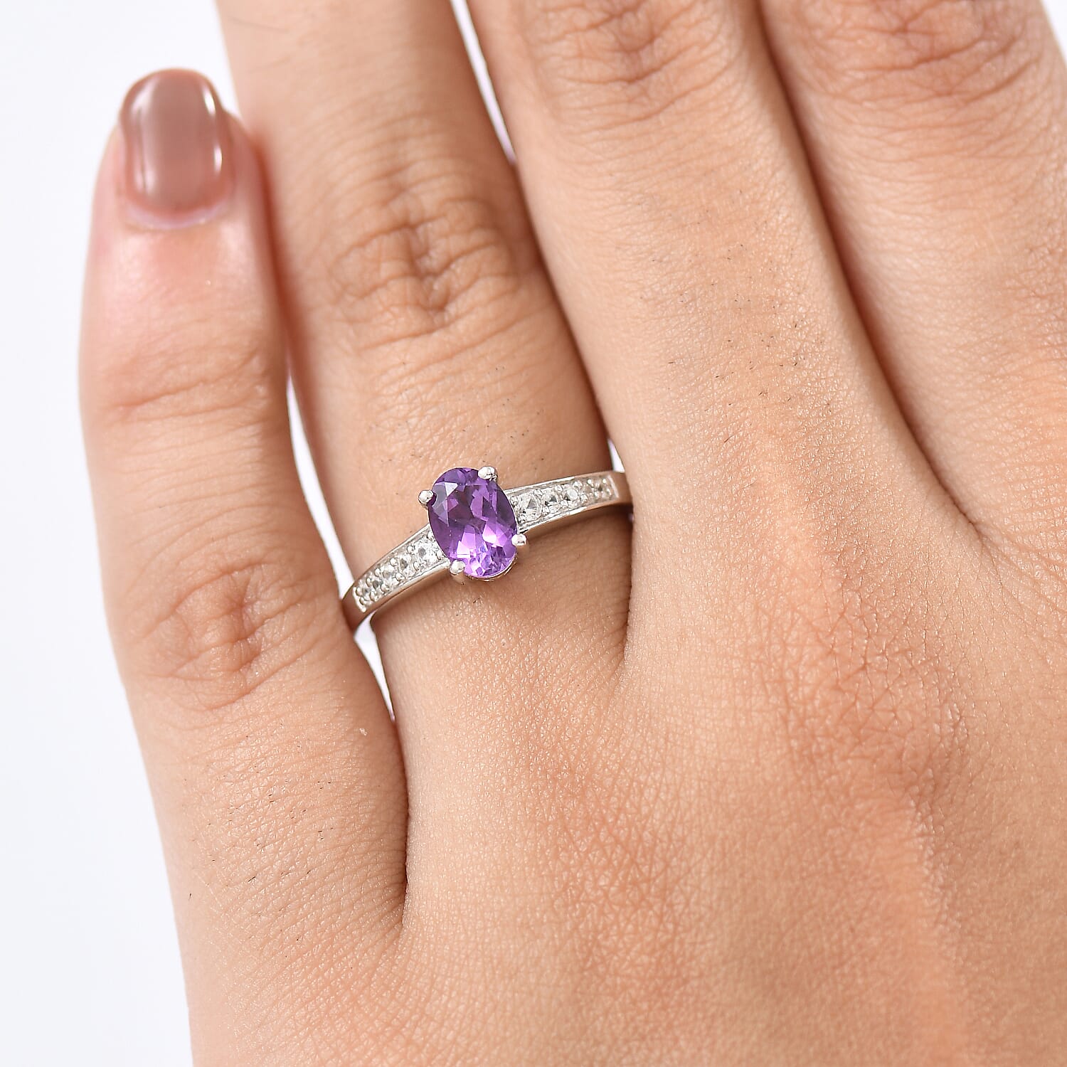 D'Joy African Amethyst and White Zircon 1.00 ctw Ring in Rhodium Over Sterling Silver (Size 6.0)