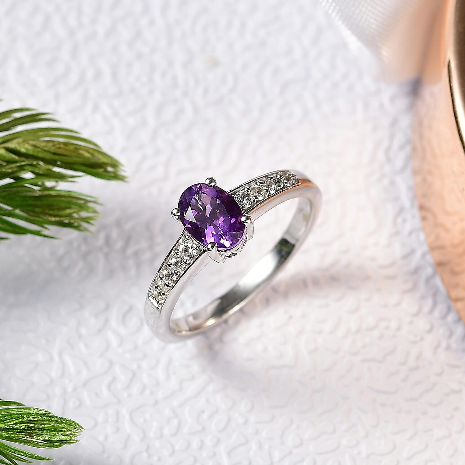 D'Joy African Amethyst and White Zircon 1.00 ctw Ring in Rhodium Over Sterling Silver (Size 7.0)