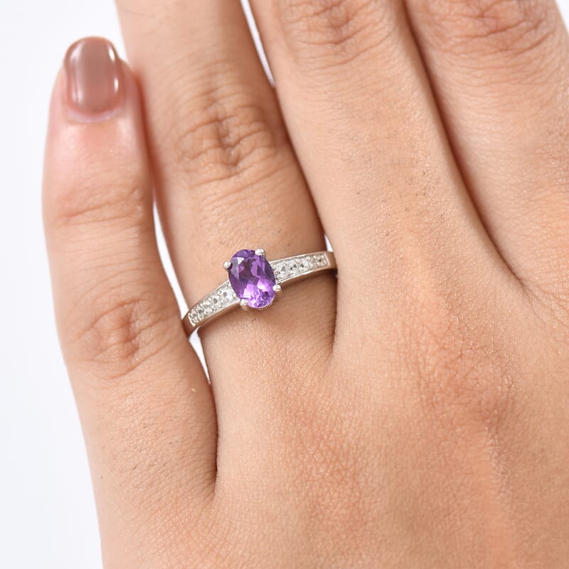 D'Joy African Amethyst and White Zircon 1.00 ctw Ring in Rhodium Over Sterling Silver (Size 7.0)
