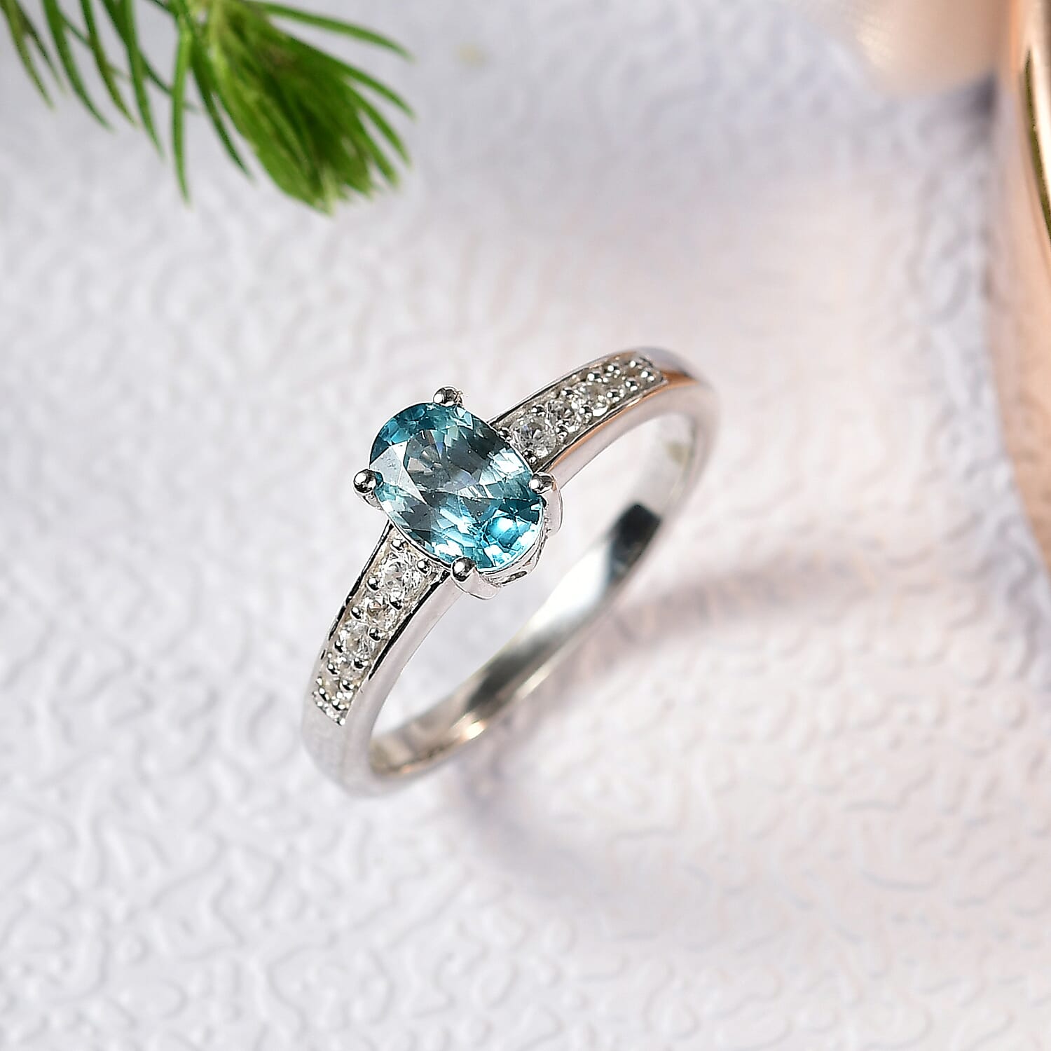 D'Joy Cambodian Blue Zircon and White Zircon 1.50 ctw Ring in Rhodium Over Sterling Silver (Size 8.0)