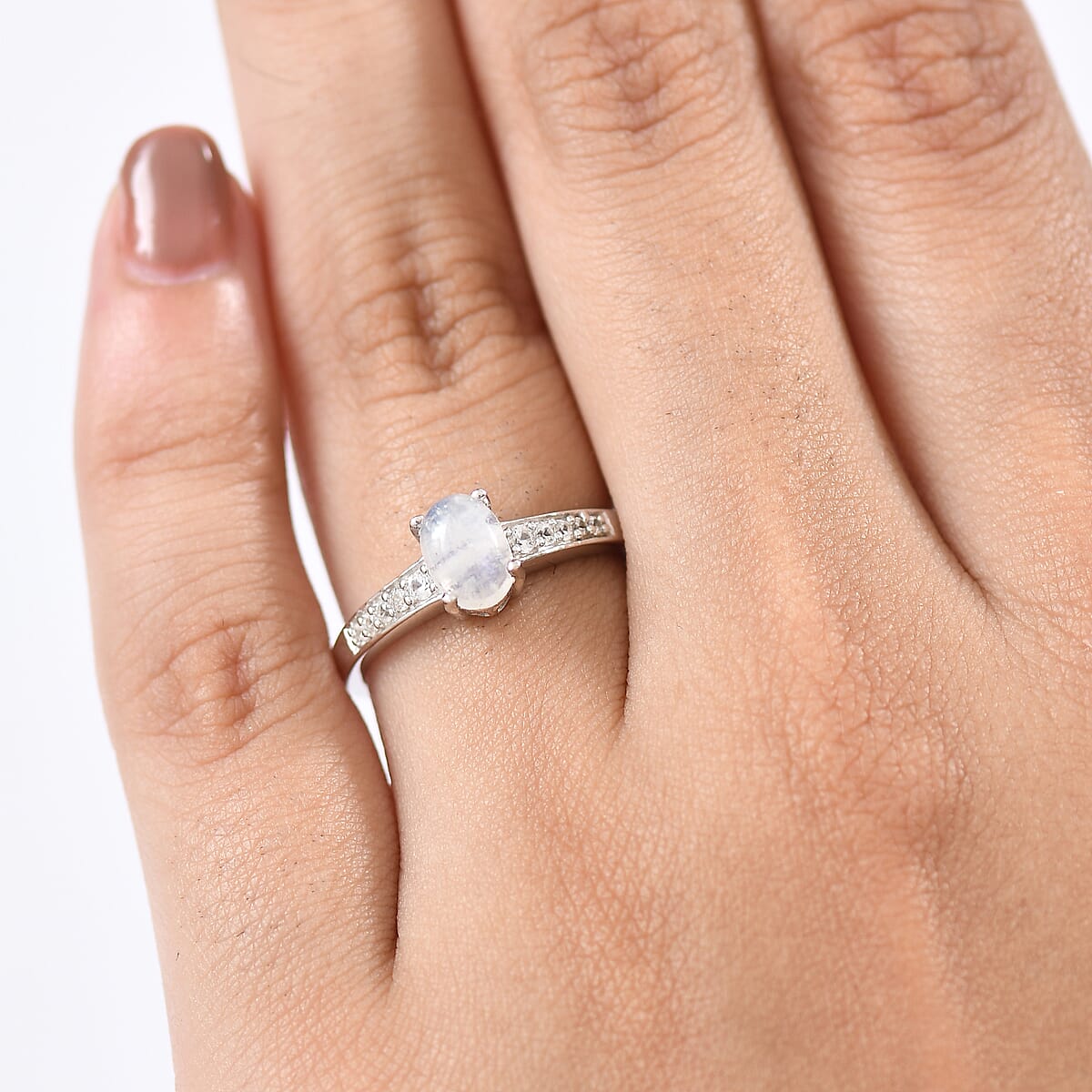 D'Joy Rainbow Moonstone and White Zircon 1.35 ctw Ring in Rhodium Over Sterling Silver (Size 5.0) image number 1