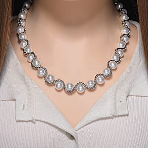 White Shell Pearl Twilight Waves Necklace in Stainless Steel 19.5-21.5 Inches