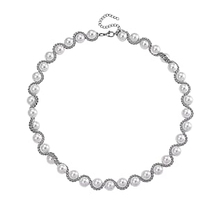 White Shell Pearl Twilight Waves Necklace in Stainless Steel 19.5-21.5 Inches