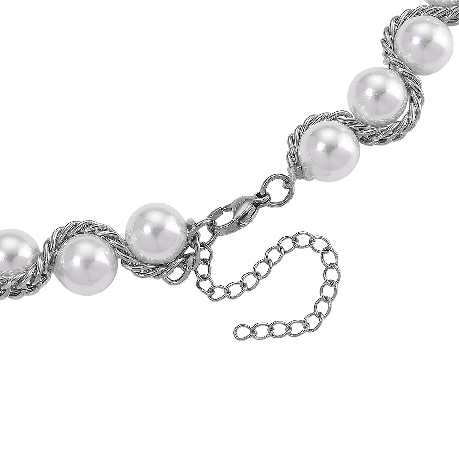 White Shell Pearl Twilight Waves Necklace in Stainless Steel 19.5-21.5 Inches