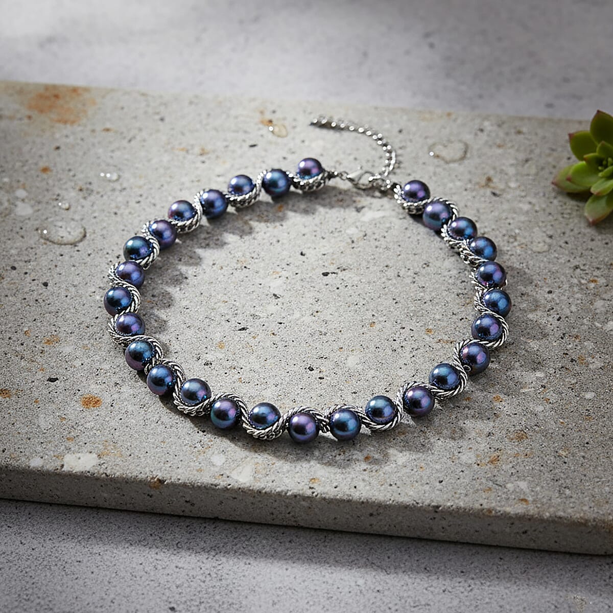 Peacock Color Shell Pearl Twilight Waves Necklace in Stainless Steel 19.5-21.5 Inches image number 1