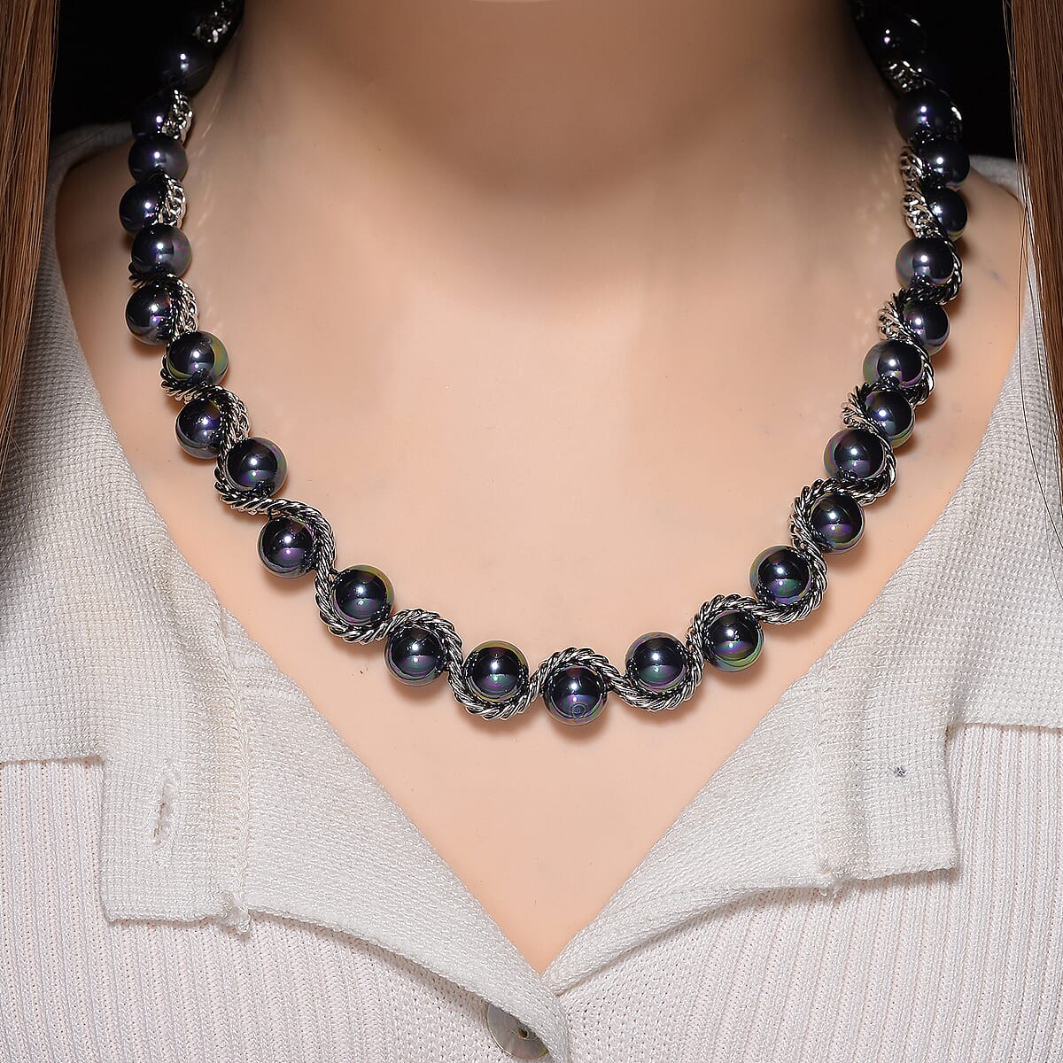 Peacock Color Shell Pearl Twilight Waves Necklace in Stainless Steel 19.5-21.5 Inches image number 2