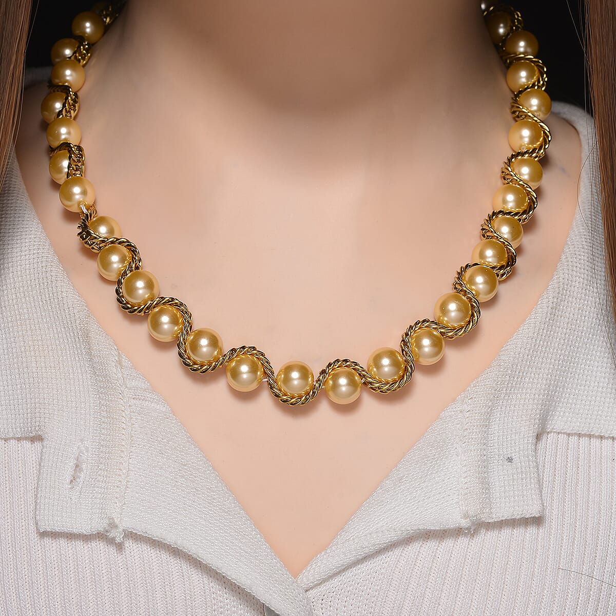 Golden Shell Pearl Twilight Waves Necklace in ION Plated YG Stainless Steel 19.5-21.5 Inches image number 1