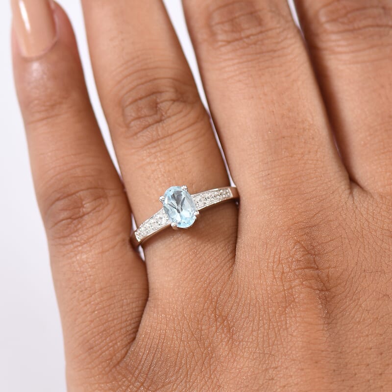 D'Joy Sky Blue Topaz, White Zircon Ring in Rhodium Over Sterling Silver (Size 8.0) 1.25 ctw