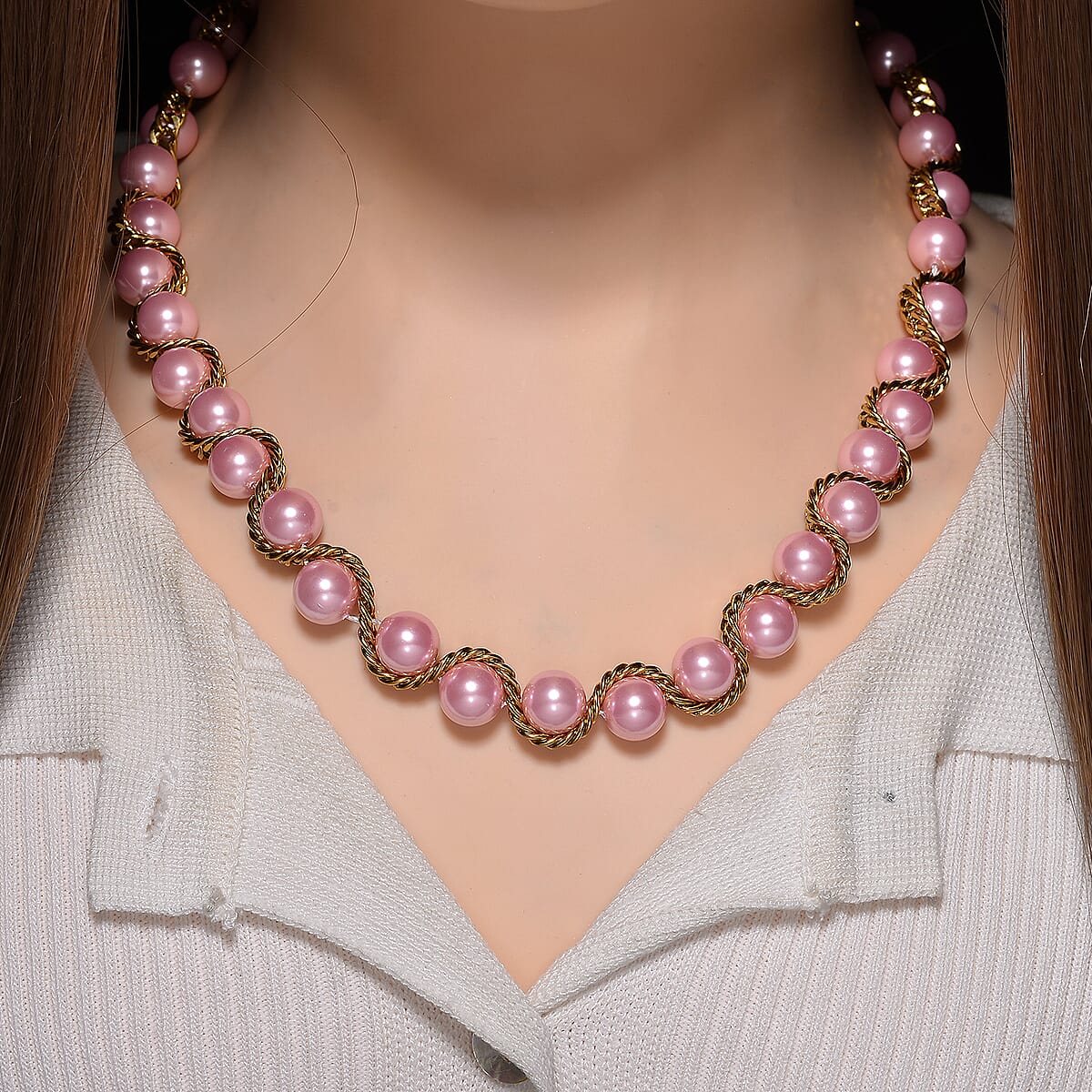 Pink Shell Pearl Twilight Waves Necklace in ION Plated YG Stainless Steel 19.5-21.5 Inches image number 1