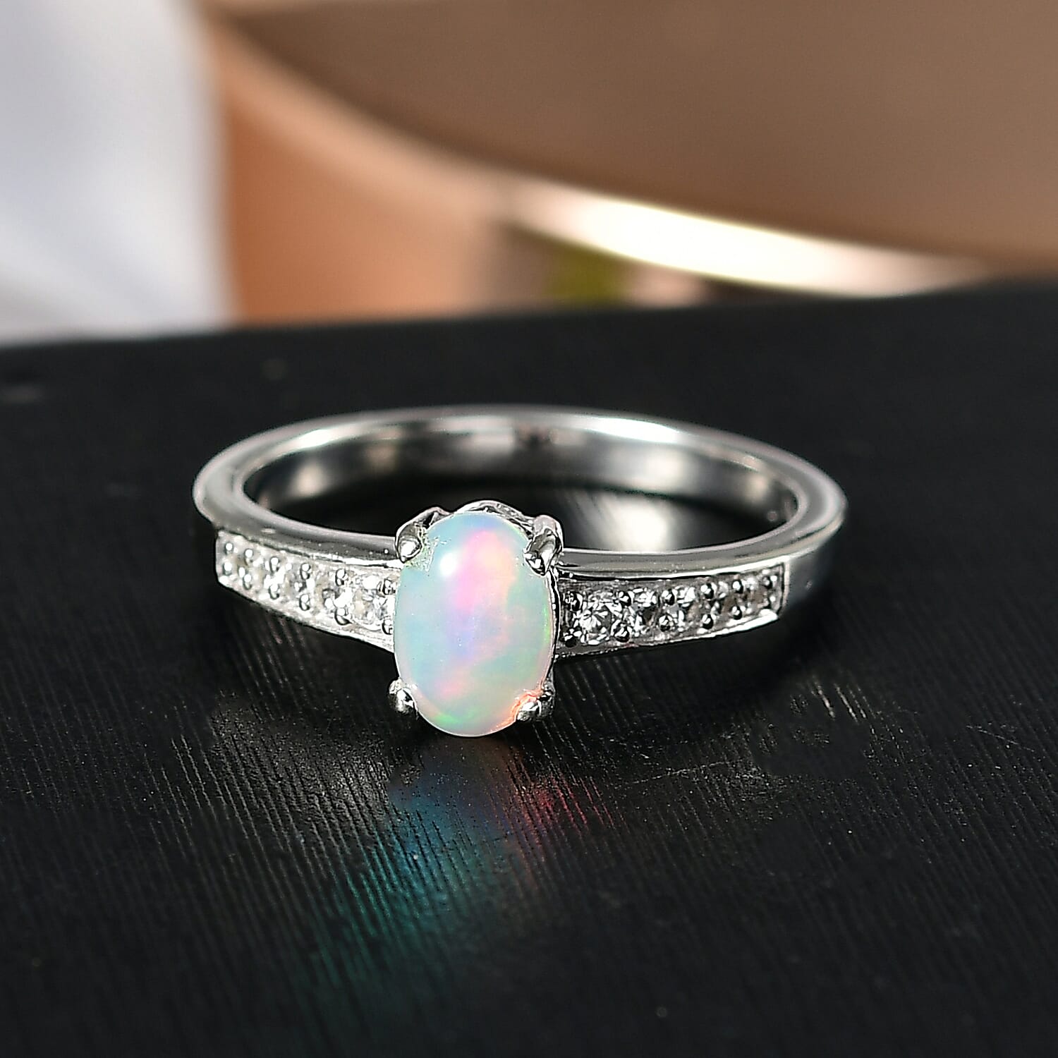 D'Joy Ethiopian Welo Opal and White Zircon 0.70 ctw Ring in Rhodium Over Sterling Silver (Size 7.0)
