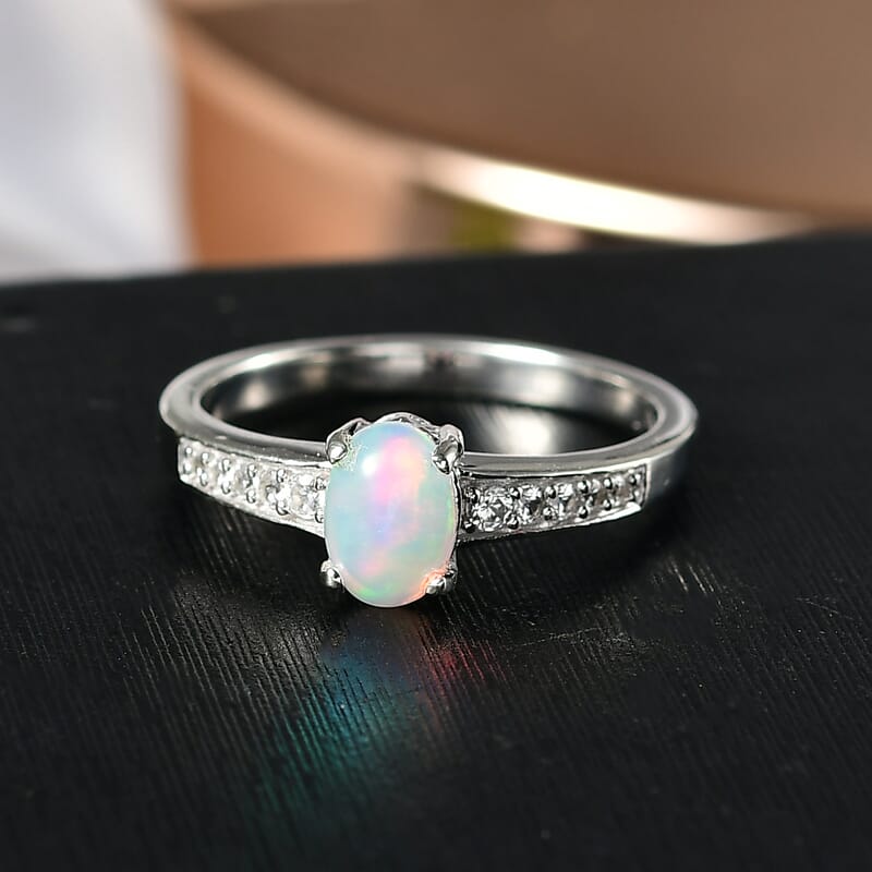 D'Joy Ethiopian Welo Opal and White Zircon 0.70 ctw Ring in Rhodium Over Sterling Silver (Size 7.0)