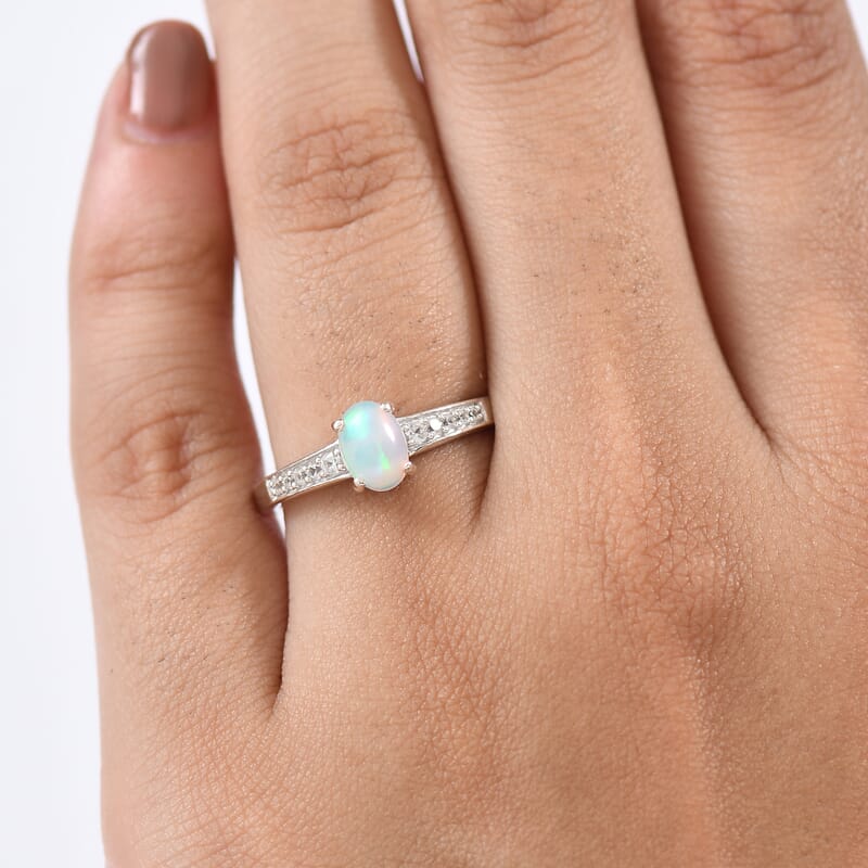 D'Joy Ethiopian Welo Opal and White Zircon 0.70 ctw Ring in Rhodium Over Sterling Silver (Size 7.0)