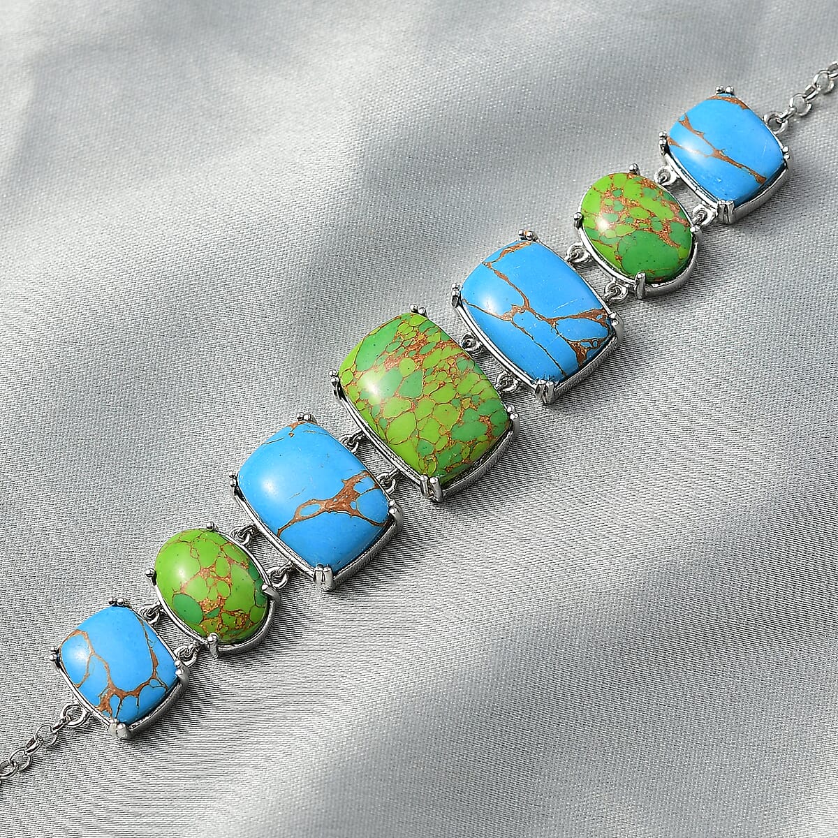 Mojave Green and Blue Turquoise 48.15 ctw Bracelet in Platinum Over Copper and Stainless Steel (6.50 In) image number 1