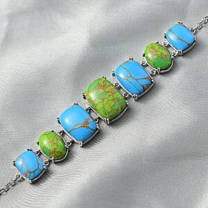 Mojave Green and Blue Turquoise 48.15 ctw Bracelet in Platinum Over Copper and Stainless Steel (6.50 In)