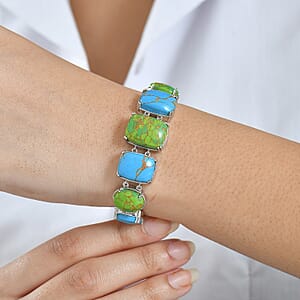 Mojave Green and Blue Turquoise 48.15 ctw Bracelet in Platinum Over Copper and Stainless Steel (6.50 In)