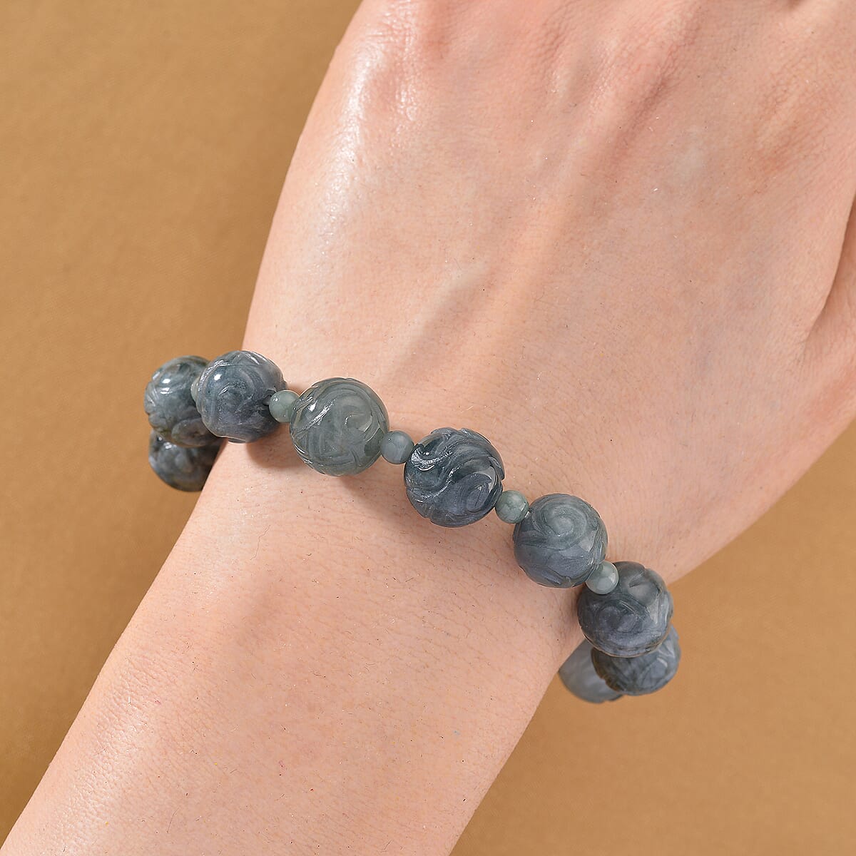Natural Olmec Jadeite 180.00 ctw Beaded Stretch Bracelet image number 1