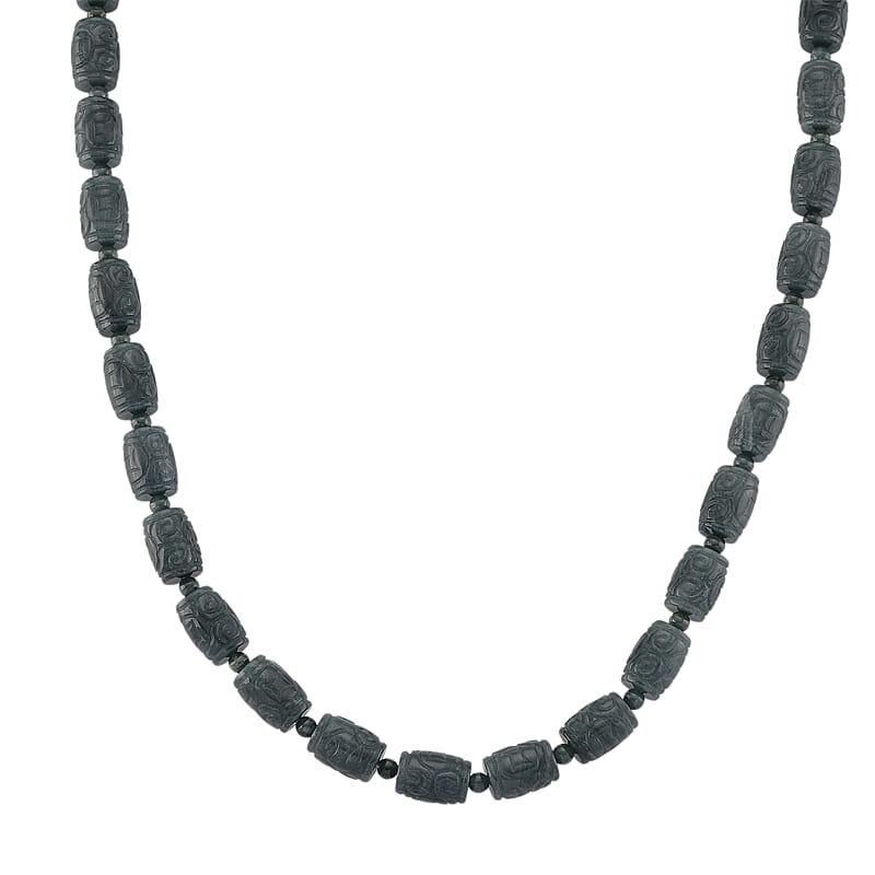 D'Joy Natural Olmec Jadeite 470.00 ctw Beaded Barrel Carving Necklace in Rhodium Over Sterling Silver (18-20 Inches)