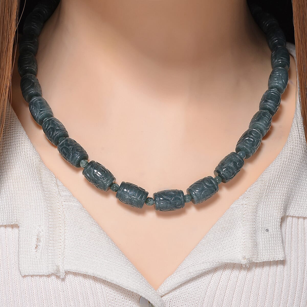 D'Joy Natural Olmec Jadeite 470.00 ctw Beaded Necklace in Rhodium Over Sterling Silver 18-20 Inches image number 1