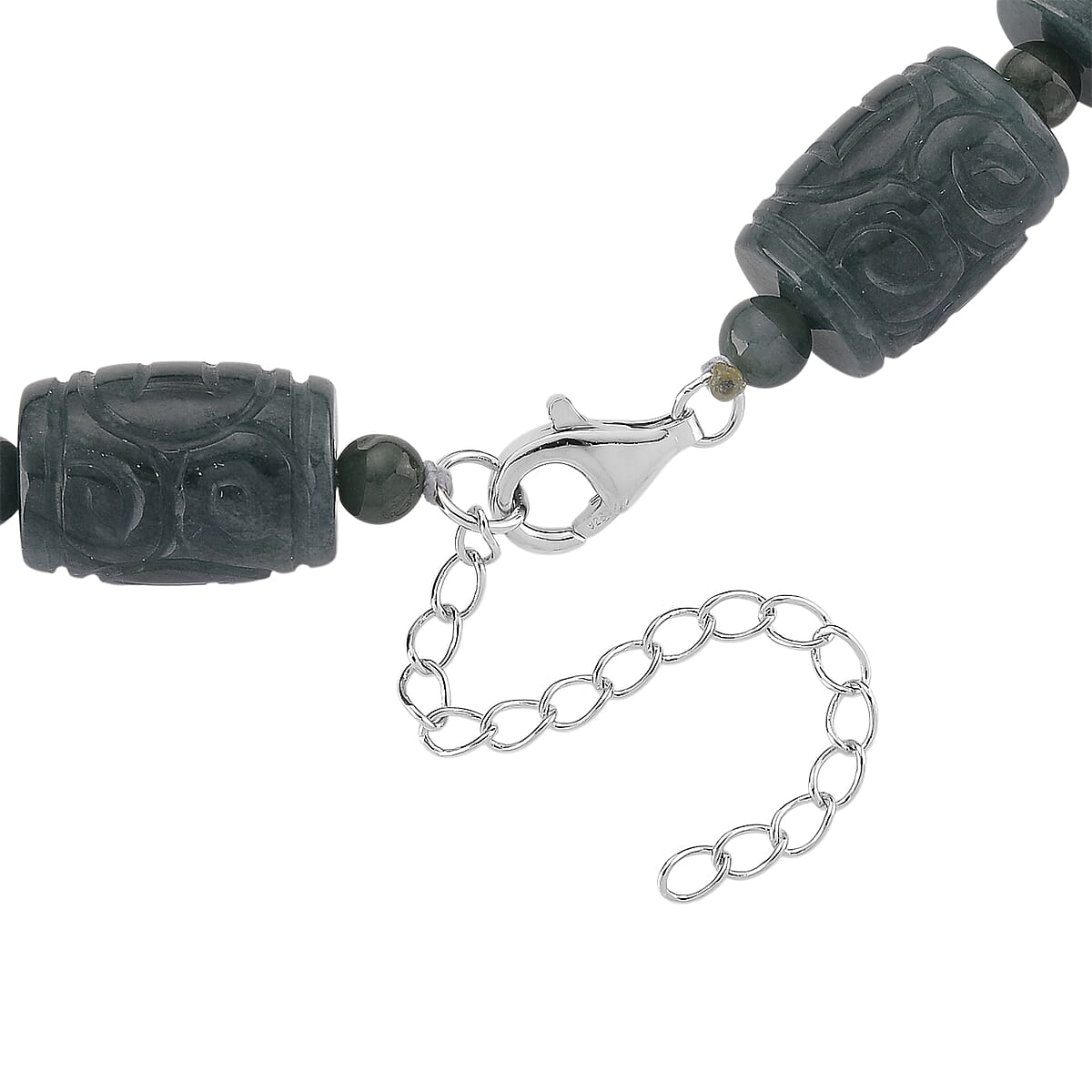 D'Joy Natural Olmec Jadeite 470.00 ctw Beaded Necklace in Rhodium Over Sterling Silver 18-20 Inches image number 4