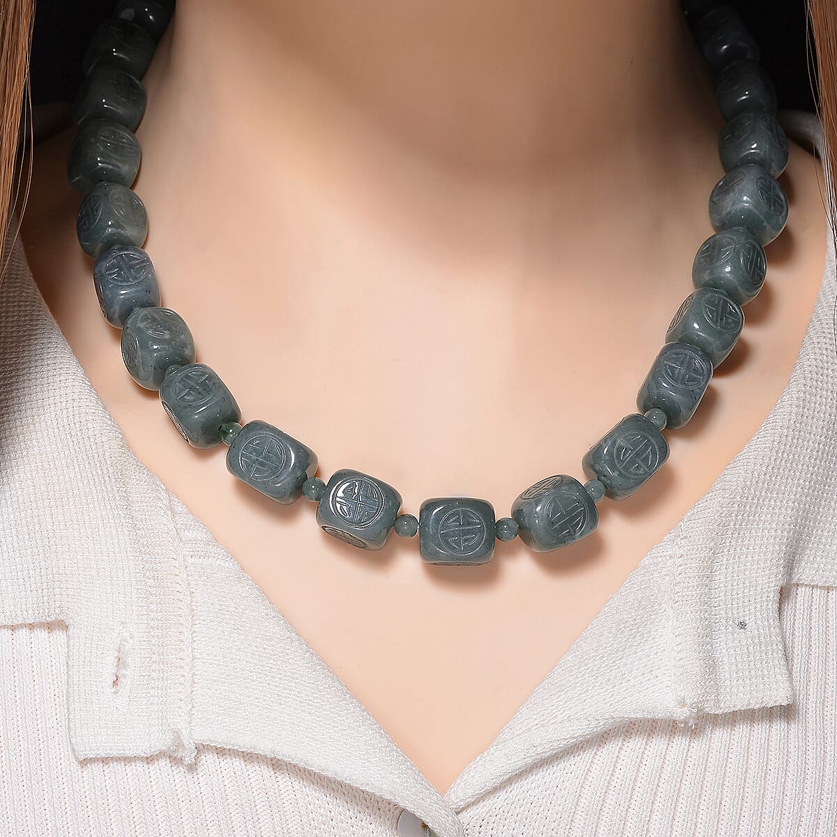 D'Joy Natural Olmec Jadeite 630.00 ctw Beaded Necklace in Rhodium Over Sterling Silver 18-20 Inches image number 1