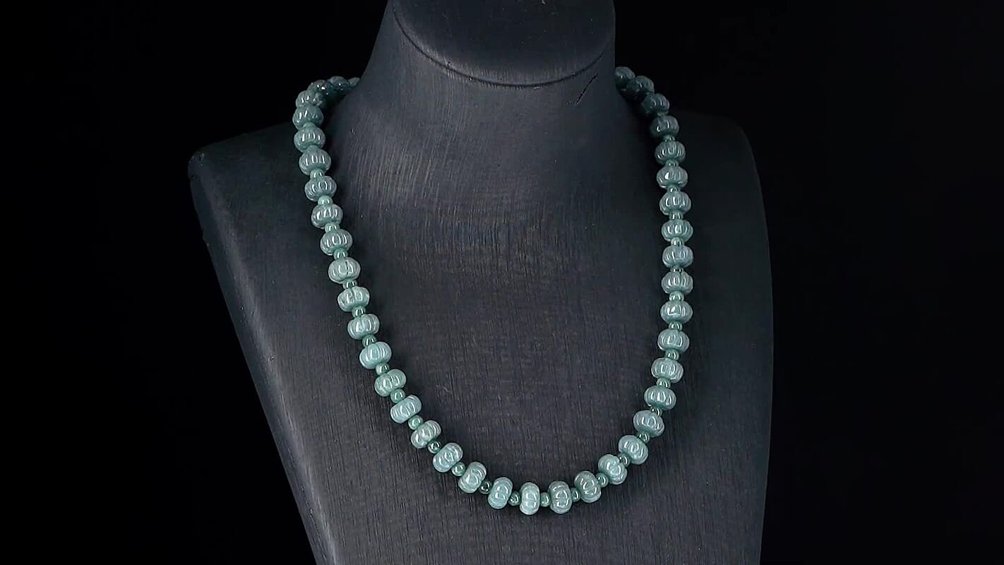 D'Joy Natural Olmec Jadeite 290.00 ctw Floral Carved Beaded Necklace in Rhodium Over Sterling Silver18-20 Inches