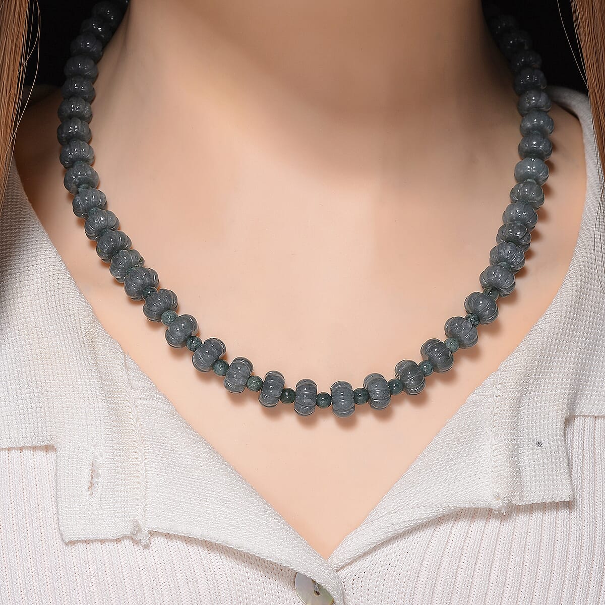 D'Joy Natural Olmec Jadeite 290.00 ctw Floral Carved Beaded Necklace in Rhodium Over Sterling Silver18-20 Inches image number 1