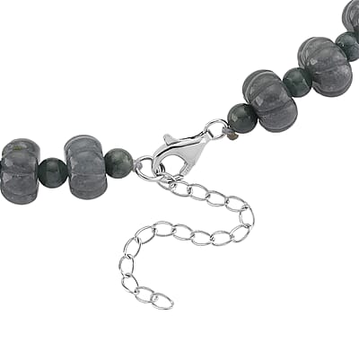 D'Joy Natural Olmec Jadeite 290.00 ctw Floral Carved Beaded Necklace in Rhodium Over Sterling Silver18-20 Inches