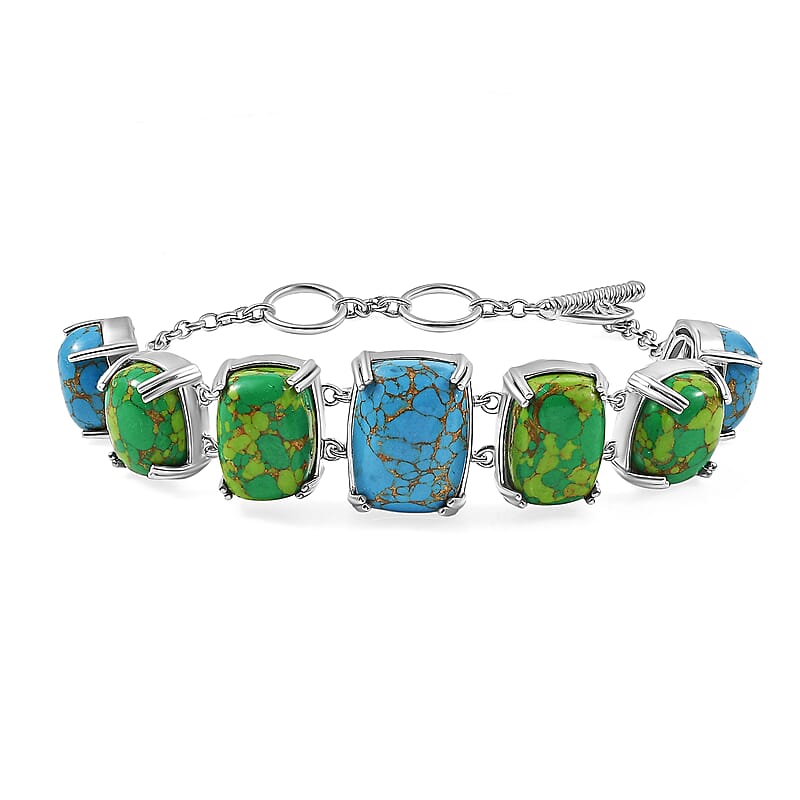 Mojave Blue and Green Turquoise 39.40 ctw Bracelet in Platinum Over Copper and Stainless Steel (6.50 In)