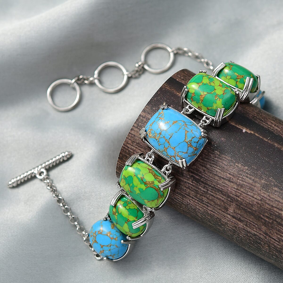 Mojave Green and Blue Turquoise 39.40 ctw Bracelet in Platinum Over Copper and Stainless Steel (6.50 In) image number 1