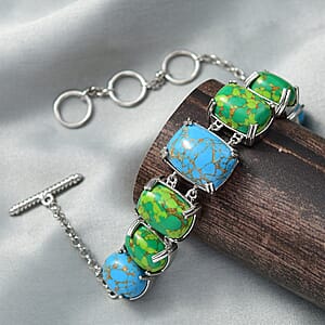 Mojave Green and Blue Turquoise 39.40 ctw Bracelet in Platinum Over Copper and Stainless Steel (6.50 In)