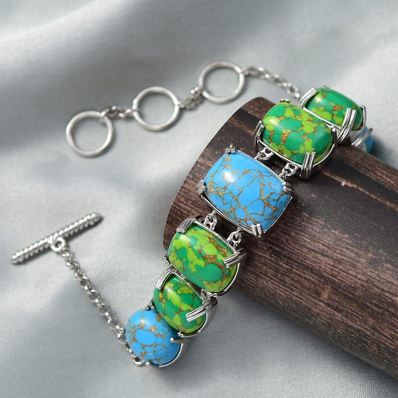 Mojave Blue and Green Turquoise 39.40 ctw Bracelet in Platinum Over Copper and Stainless Steel (6.50 In)