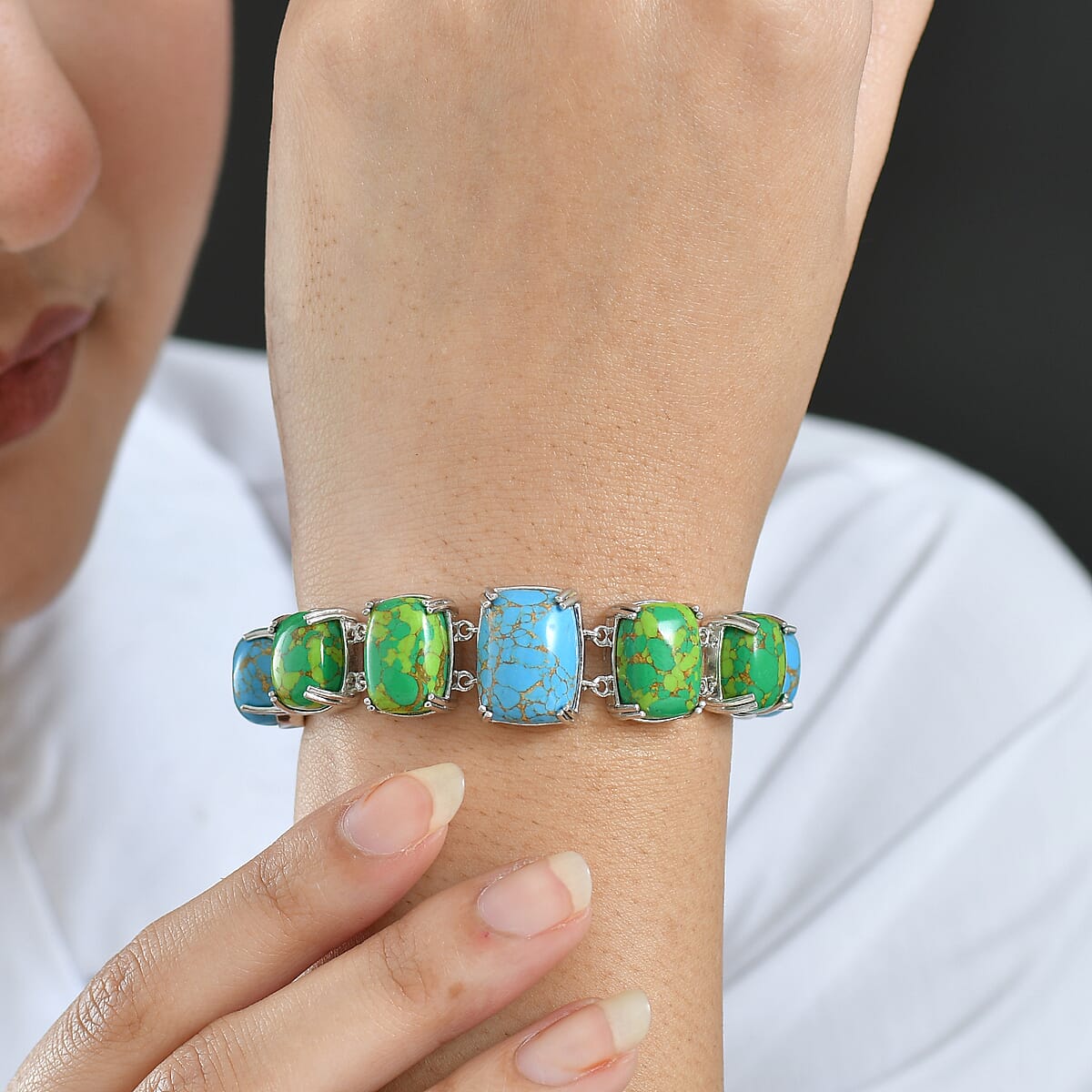 Mojave Green and Blue Turquoise 39.40 ctw Bracelet in Platinum Over Copper and Stainless Steel (6.50 In) image number 2