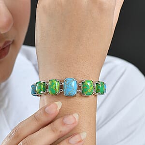 Mojave Green and Blue Turquoise 39.40 ctw Bracelet in Platinum Over Copper and Stainless Steel (6.50 In)