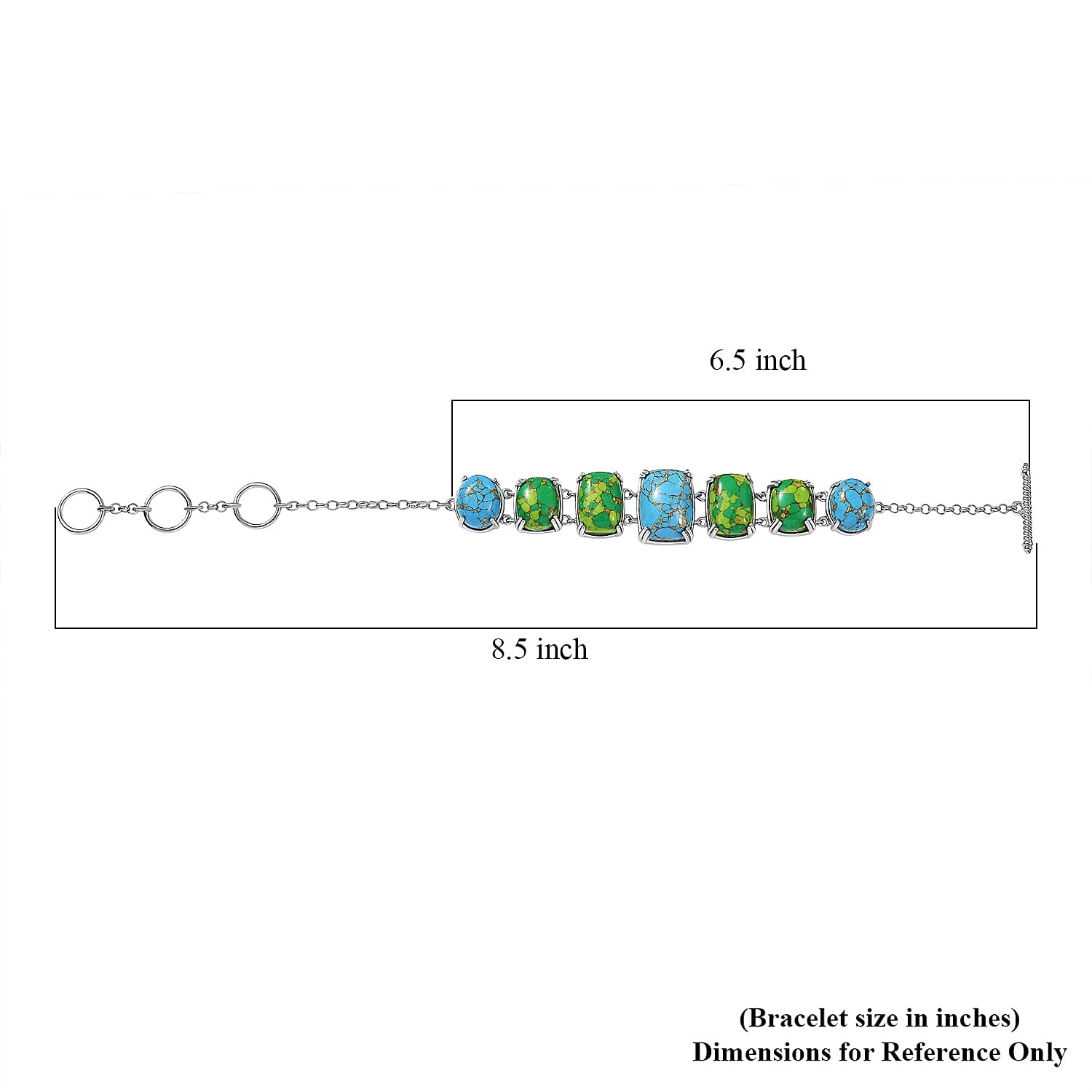Mojave Blue and Green Turquoise 39.40 ctw Bracelet in Platinum Over Copper and Stainless Steel (6.50 In)