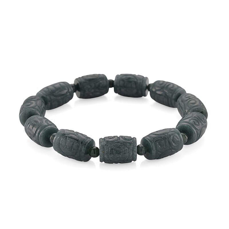 Natural Olmec Jadeite 210.00 ctw Barrel and Carving Beaded Stretch Bracelet