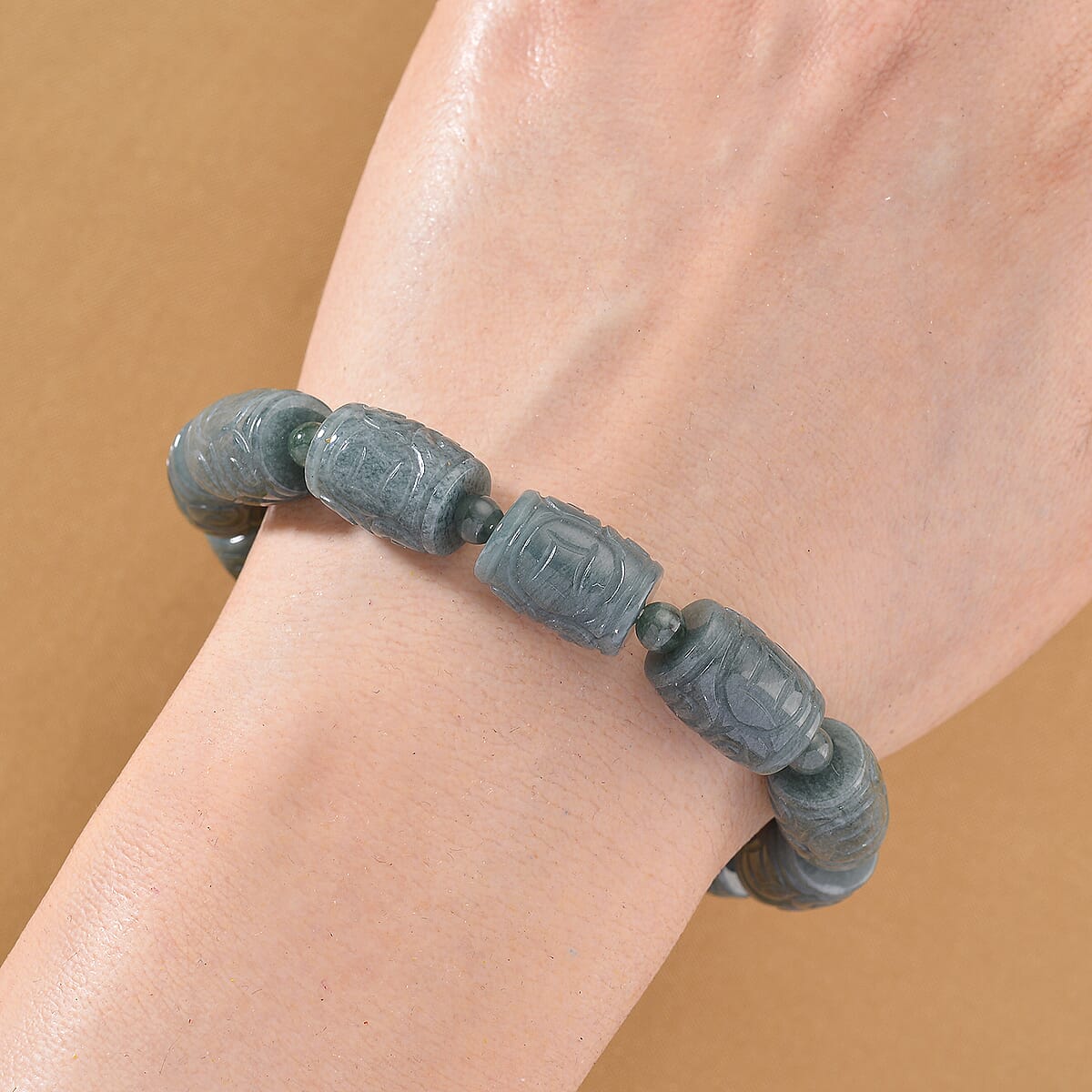 Natural Olmec Jadeite 210.00 ctw Barrel and Beaded Stretch Bracelet image number 1