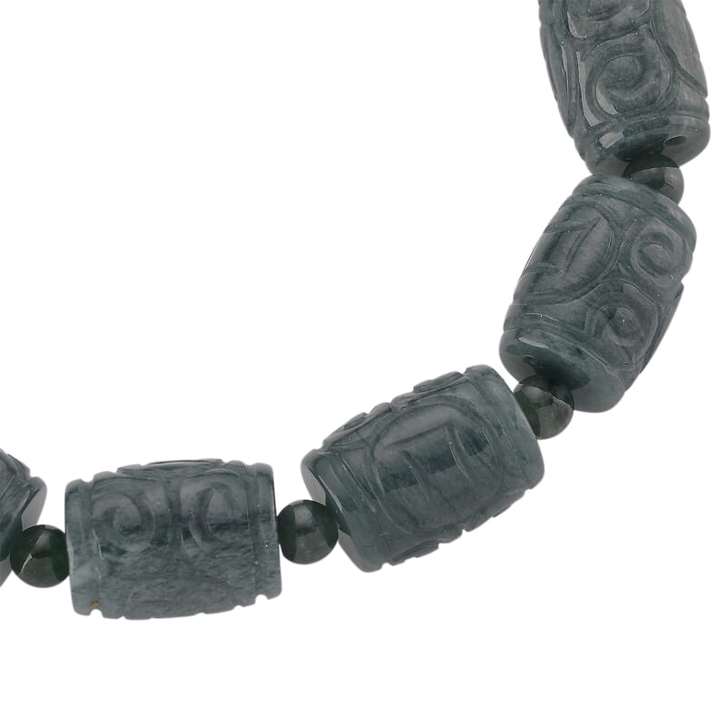 Natural Olmec Jadeite 210.00 ctw Barrel and Carving Beaded Stretch Bracelet