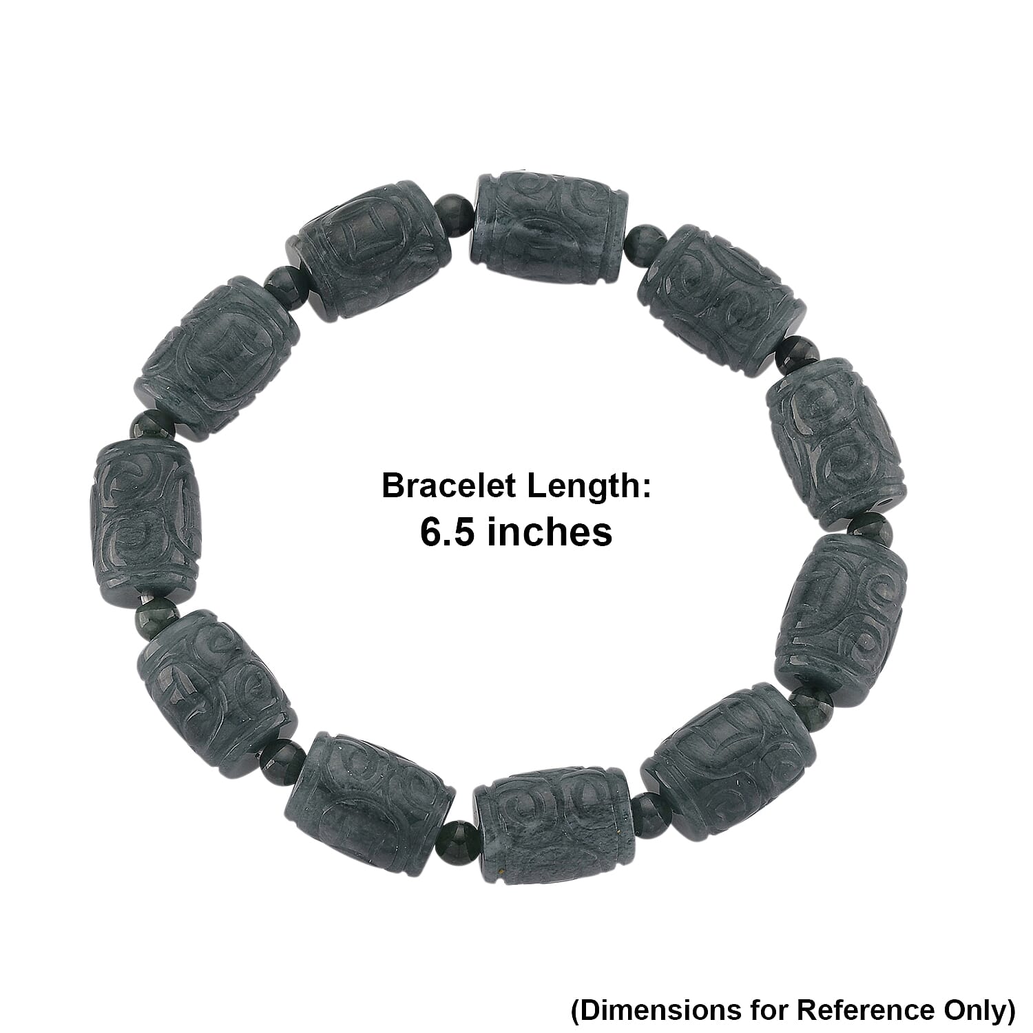 Natural Olmec Jadeite 210.00 ctw Barrel and Carving Beaded Stretch Bracelet