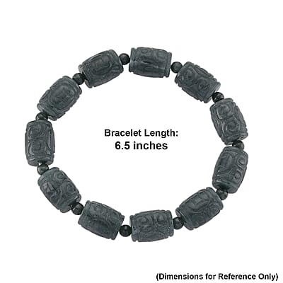 Natural Olmec Jadeite 210.00 ctw Barrel and Carving Beaded Stretch Bracelet