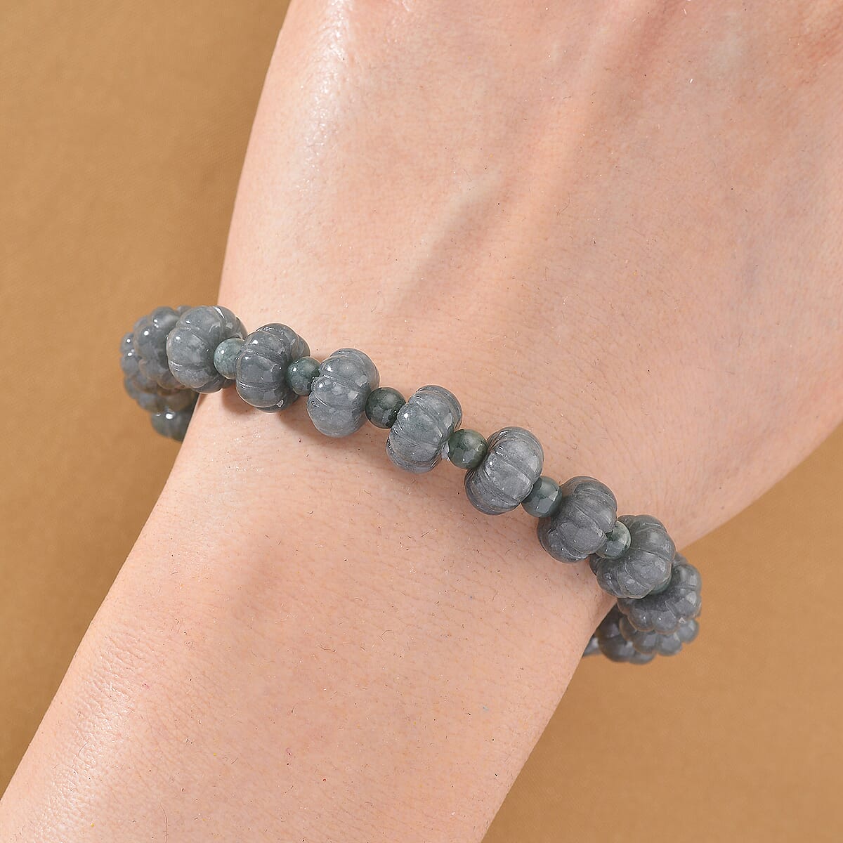 Natural Olmec Jadeite 130.00 ctw Carved Beaded Stretch Bracelet image number 1