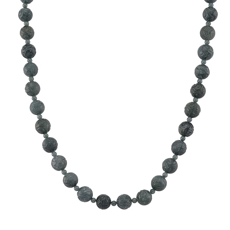 D'Joy Natural Olmec Jadeite 420.00 ctw Carved Beaded Necklace in Rhodium Over Sterling Silver 18-20 Inches