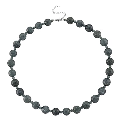 D'Joy Natural Olmec Jadeite 420.00 ctw Carved Beaded Necklace in Rhodium Over Sterling Silver 18-20 Inches