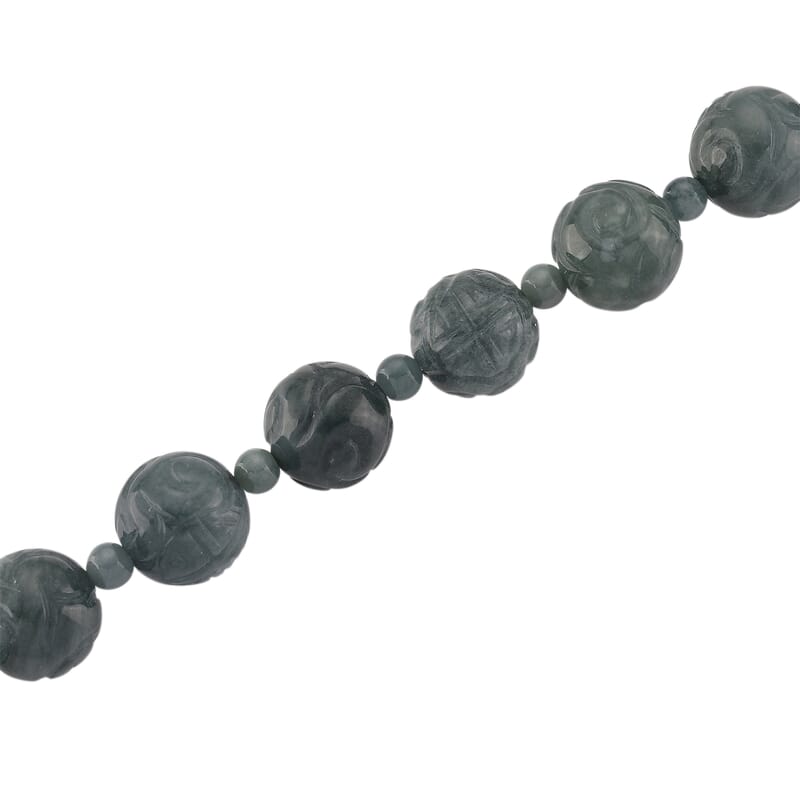 D'Joy Natural Olmec Jadeite 420.00 ctw Carved Beaded Necklace in Rhodium Over Sterling Silver 18-20 Inches