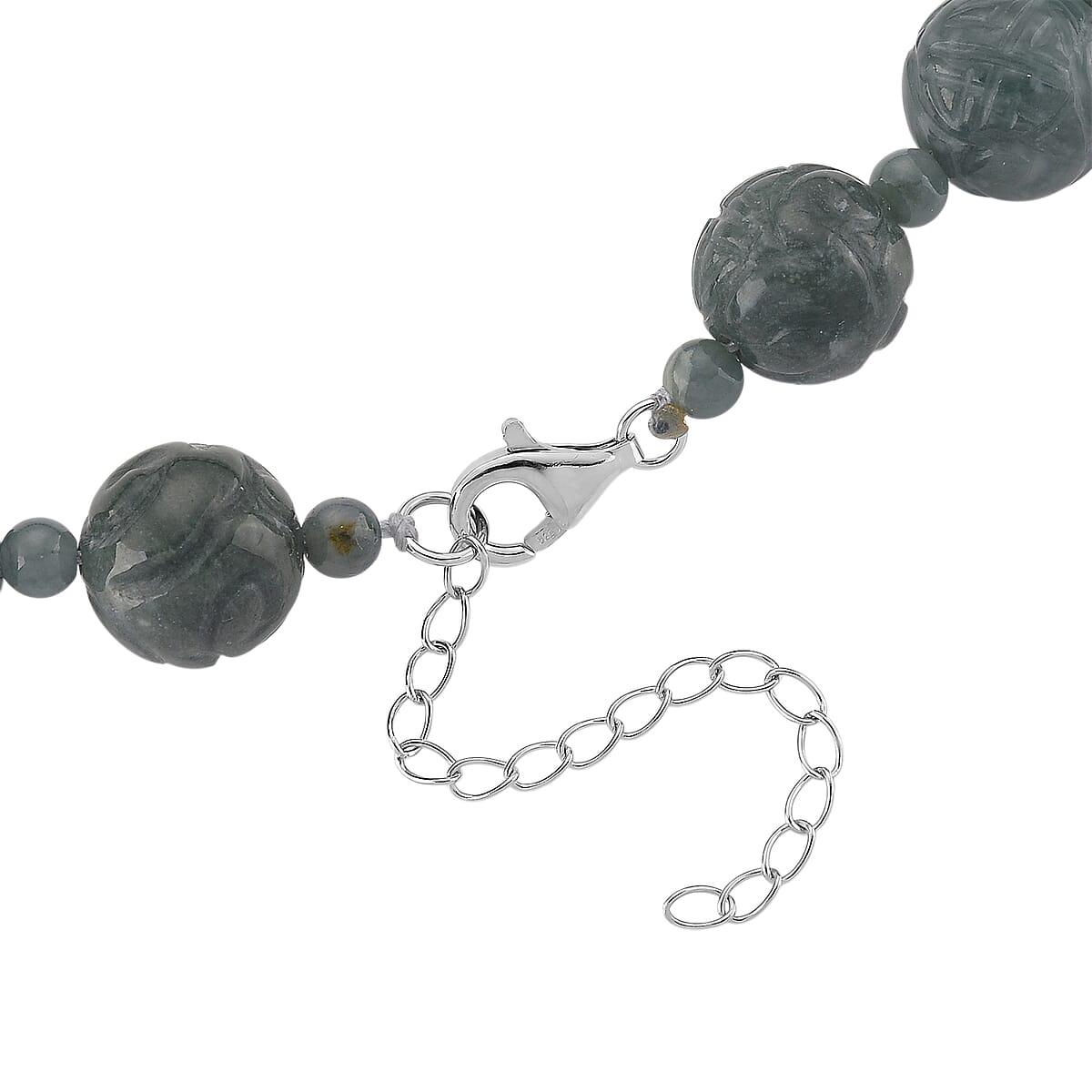 D'Joy Natural Olmec Jadeite 420.00 ctw Carved Beaded Necklace in Rhodium Over Sterling Silver 18-20 Inches image number 4