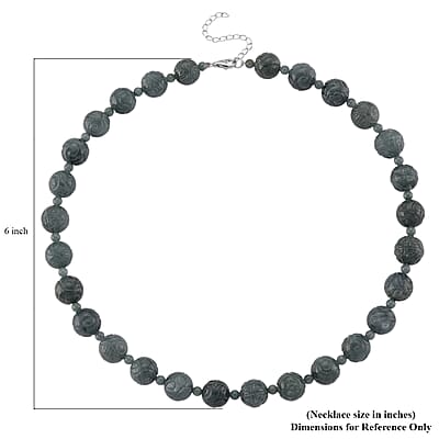 D'Joy Natural Olmec Jadeite 420.00 ctw Carved Beaded Necklace in Rhodium Over Sterling Silver 18-20 Inches