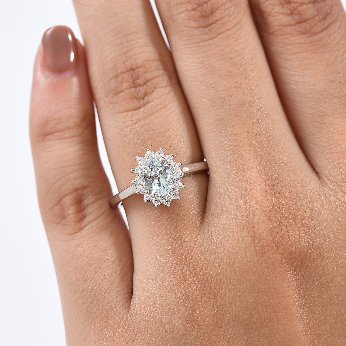 D'Joy Mangoro Aquamarine and White Zircon 1.25 ctw Ring in Rhodium Over Sterling Silver (Size 7.0) image number 2