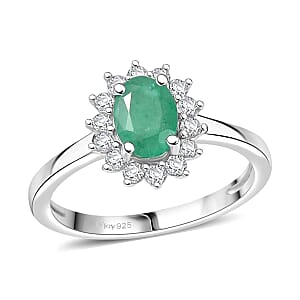 D'Joy Emerald and White Zircon 1.25 ctw Ring in Rhodium Over Sterling Silver (Size 7.0)