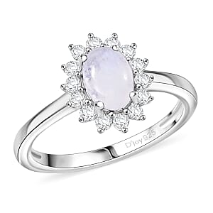 D'Joy Rainbow Moonstone and White Zircon 1.60 ctw Ring in Rhodium Over Sterling Silver (Size 7.0)