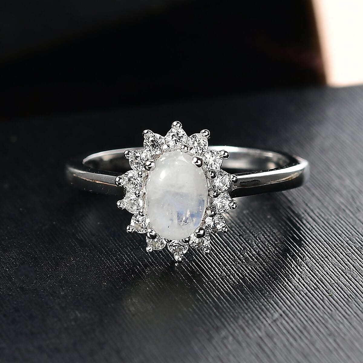 D'Joy Rainbow Moonstone and White Zircon 1.60 ctw Ring in Rhodium Over Sterling Silver (Size 7.0) image number 1